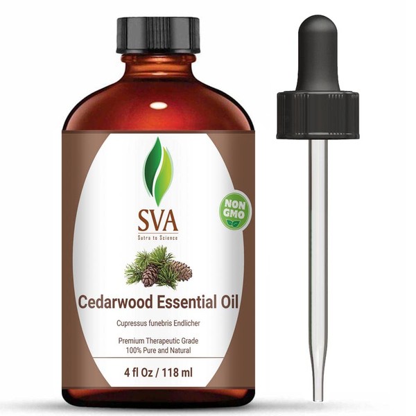 SVA Cedarwood Essential Oil Skin 4 Oz (118 ml) | 100% Pure Therapeutic Grade- Great for Diffuser, Woody & Calm, Glowing Skin, Healthy Hair & Scalp, Aromatherapy, Soaps and Candles.