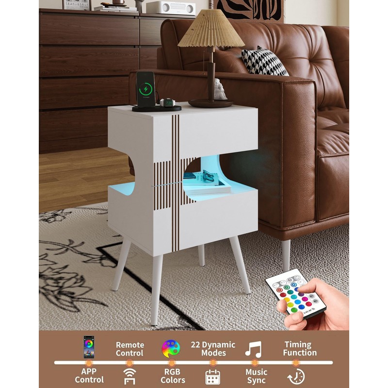 JOONEE White Nightstand with Charging Station and LED Lights,Modern Bedside