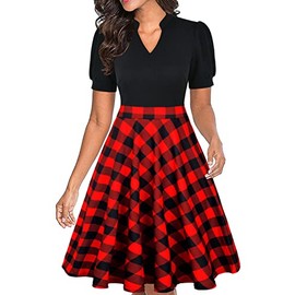 Mokayee Christmas Dresses for Women Buffalo Plaid Holiday Short Puff Sleeve Casual Semi-Formal Fit and Flare Modest Business Work Dresses L