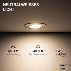 EMOS LED Recessed Spotlight 230 V, 5 W / 450 lm, 50° Swivel, Neutral White 4000 K, Recessed Spotlight, Flat 68 mm Hole Size, Set of 3 LED Spotlights, 230 V, Round (Colour Brushed Silver)