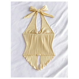 Milumia Women's Y2k V Neck Halter Top Tie Backless Slit Hem Buckle Tank Tops