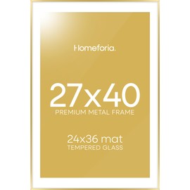 Homeforia 27x40 Poster Frame Gold, High End Metal 27x40 Picture Frame with Mat 24x36, 27 x 40 inch Frame Matted to 24 x 36 Photo, 40x27 inches Frames, Tempered Glass, Wall Hook Included, Set of 1