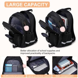 School Backpack for Teen Girls & College Students - 15.6 Inch Large Laptop Computer Backpack - Middle High to College Bookbag with 2 Compartments & Ergonomic Straps Mochilas, Black