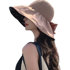 xppe Women's UV Protection Hat, Sun Visor, Chin Strap, Wide Brim Hat, Sun Hat, UV Protection, Straw, Small Face Effect, Large Size, Outdoor, Lightweight, Breathable, Bicycle, Foldable, Windproof,
