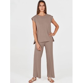 ANRABESS Women 2 Piece Lounge Sets Summer Casual Knit Sweater Vest Pant Set Beach Vacation Airport Outfits Clothes Brown Large