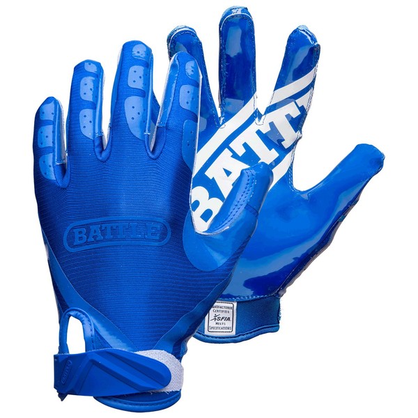 Battle Double Threat Football Gloves – Ultra-Tack Sticky Palm Receivers Gloves – Pro-Style Receiver Gloves, Youth, Youth Small, Blue/Blue