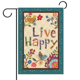 Hzppyz Live Happy Decorative Small Garden Flag Flower Bird, Spring Summer Inspirational Quote House Yard Outdoor Butterfly Decor Double Sided, Fall Positive Farmhouse Outside Burlap Decoration 12 x 18