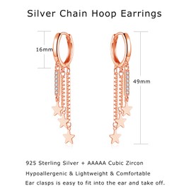 Cangall Silver Star Hoop Earrings Chain for Women, 925 Sterling Silver Hoop Earrings with Star Tassel Chain Dangling, CZ Rose Gold Tassel Chain Hoop Earrings, Small Silver Drop Huggie Chain Earrings