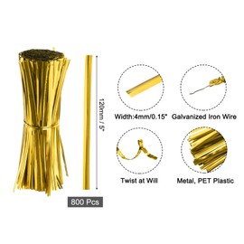 QUARKZMAN 5 Inch Twist Ties, Metallic Twist Ties, Reusable Plastic-Coated Twist Ties for Bakery, Candy Bags, Coffee Bags, Goodie Bags, Pack of 800, Gold