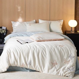 TodaFre Blue Tencel Lyocell Duvet Cover Queen Size, 3 Pieces Soft Cooling Bedding Set - 1 Embroidered Butterfly Duvet Cover 90x90 Inches with Zipper Closure, 2 Pillowcases