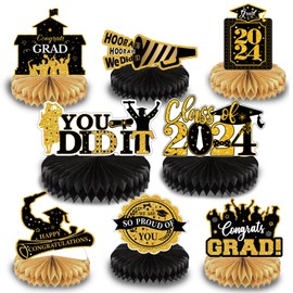 8 PCS Graduation Honeycomb Table Toppers for Graduation Party Decorations Class of 2024 Supplies Congrats Grad Table Centerpieces Gold (Black Gold)