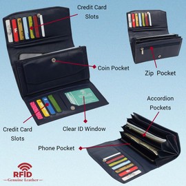 MARSHAL Womens Large Capacity Genuine Leather RFID Blocking Cellphone Clutch Wallet Accordion Card Holder Organizer Purse (Blue)