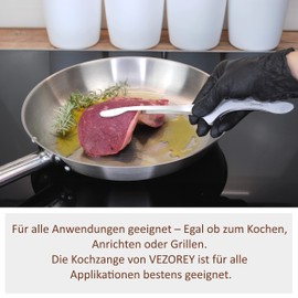 VEZOREY® - Premium kitchen tongs (26.5 cm) made of stainless steel with stand function - Kitchen tweezers & cooking tongs for meat, grill and vegetables - Barbecue tongs & cooking tweezers long -