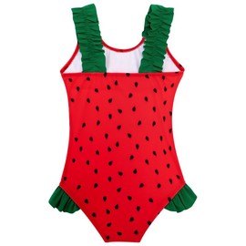 XiaoMoSha Girls Swimming Costume with Ruffle Straps Cute Stretchy Beach Swimwear Quick Dry Bathing Suit for Kids, RedWatermelon, 6-7 Years