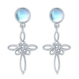 Sterling Silver Celtic Knot Cross Earrings White Gold Plated Lucky Lucky Vintage Cross Drop Earrings Irish Jewellery for Women Girls, Silver, Moonstone