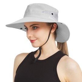 NPJY Ponytail Sun Hat Womens Men 3” Wide Brim UPF 50+ Fishing Beach Bucket Hats Lightgrey