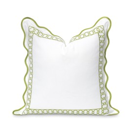 Hofdeco Premium Coastal Patio Indoor Outdoor Scalloped Throw Pillow Cover Only, 20"x20" Water Repellent for Backyard, Couch, Green Embroidered Begonia Pattern Chain Frame