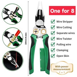 NENOWOND 2025 Upgraded 8-in-1 Wire Stripper with Voltage Tester – Multifunctional Heavy-Duty Electrical Pliers, Professional Wire Cutter & 12–250V AC/DC Hot/Neutral Tester (Green)