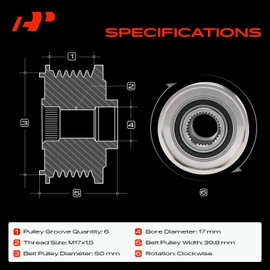 A-Premium Alternator Freewheel Clutch Pulley Compatible with Nissan Sentra 2007-2012, Versa 2007-2009, Juke 2011-2017, NV200 2013-2014, Cube 2009-2014, 1.6L 1.8L 2.0L, 6 Grooves Clockwise