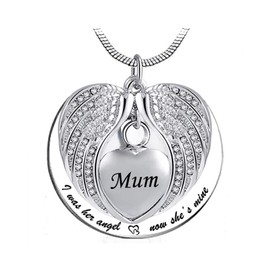 LSxAB Mum Memorial Urn Cremation Necklaces for Ashes Keepsake Heart Angel Wing Pendant Ashes Holder - I was His Angel Now He's Mine
