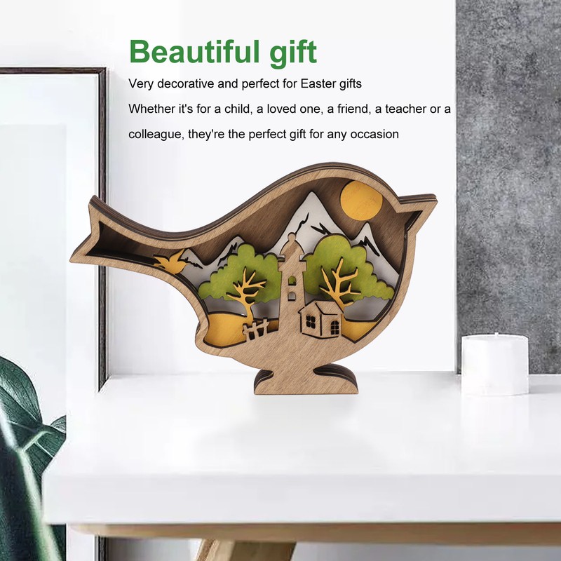 Wooden Bird Statues with Light 3D Hollow Hand Carved Birds