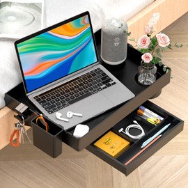 Ronlap Folding Bedside Shelf, Bunk Bed Shelf Organizer for Top Bunk Clip On Nightstand Plastic Bedside Shelf Tray for Kids with Cup Holder Hooks Hanging Cup, Plus Size with Drawer, Black