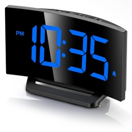 Digital Alarm Clock for Bedroom with Modern Curved Design, Eye-catching Blue LED Numbers, 6 Brightness Levels, 2 Volume Levels, 3 Alarm Tones, Snooze, Shut-Off Memory, 12/24H, Bedside Clock