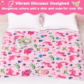 Lukeight Dinosaur Blanket for Girls, Pink Dinosaur Throw Blanket for Girls, Fluffy Cozy Kids Blanket with Vibrant Dinosaurs Pattern on Both Sides, Soft and Warm Throw Blanket - 50x60 Inches