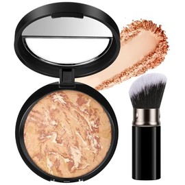 Colour Correcting Powder Foundation, Baked Foundation for Mature Skin, Brighten Illuminating Color Correcting foundation Coverage, Shimmer Brick Pressed Bronzer, with Brush (04 Medium Beige)