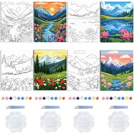WEBEEDY 4 Pack Scenery Pre Drawn Canvas to Paint for Adults Pre Printed Canvas Sip and Paint Kit, Pre Stretched Canvas Outline Painting Board for Beginner Christmas Date Night Gift,20x25cm