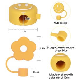 Whaline 6Pcs Flower and Smile Face Cute Straw Covers 0.4 Inch Silicone Reusable Round Straw Topper Double Sided Pattern Straw Tip Covers for 30 & 40 OZ Tumbler with Handle