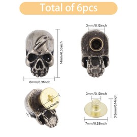 CHGCRAFT Pack of 6 Brass Conchos Skull Leather Craft Rivet Bolts Silver Skull Head Rivets Rivets Screw Back Bolts Brass Rivets for Bags Clothing 0.55 x 0.3 x 0.45 Inches
