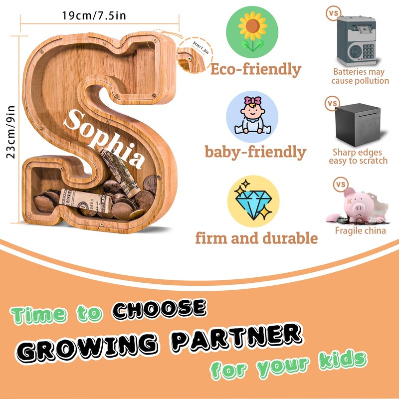 JOOMLAFLY Wooden Letter Piggy Bank for Kids 9"Clear Coin Bank