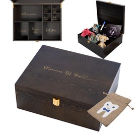 Wooden Baby Keepsake Box with Tooth Fairy Tooth Holder Bag- Newborn Keepsake Box with Sturdy Lock-Timeless Baby Keepsake Storage Box-Memory Box for Keepsakes Baby-Baby Boy Keepsake Box (Blue)