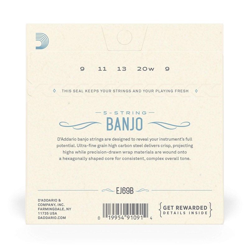 D'Addario Banjo Strings, Phosphor Bronze, EJ69B, Light Gauge 9-20, 5-String