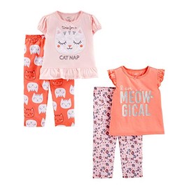 Simple Joys by Carter's Toddler Girls' 4-Piece Fleece Pajama Set (Short-Sleeve Poly Top & Fleece Bottom), Pack of 4, Animal Print/Kitten/Text Print, 2T