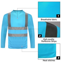 HYCOPROT High Vis Reflective Long Sleeve Safety Mesh Quick Dry T Shirts SkyBlue
