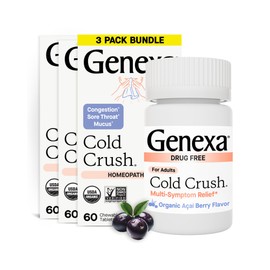 Genexa Cold Crush | Multi-Symptom Cough & Cold Relief for Adults | Delicious Organic Acai Berry Flavor | Certified Organic & Non-GMO | Homeopathic Remedy Made Clean | 180 Chewable Tablets (3 Pack)