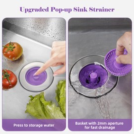 iFealClear Kitchen Sink Drain Strainer Stopper, 3-in-1 Sink Stopper Strainer for Standard 3-1/2 Inch Kitchen Sink, Chrome-Plated Stainless Steel Shell with Purple Mesh Strainer Basket