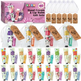 AZEN 60 Sets Bulk Gifts, Hand Cream and Lip Balm Bulk Set with Organza Bag Thank You Card, Baby Shower Wedding Gifts for Guests, Bridal Wedding Favors for Guests,Thank You Gifts for Women