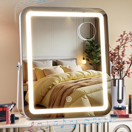 MINISO LED Makeup Mirror with Bluetooth Speaker, 11.4" x 14"Lighted Vanity Mirror, Light & Brightness Smart Sensor, 360°Rotation, Aluminum Alloy Metal White Frame, with 5X Magnifying Glass