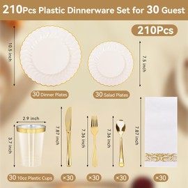 210Pcs Ivory Scalloped Plastic Plates with Gold Trim Elegant Plastic Dinnerware Set, Nice Disposable Plates and Cutlery Set with Fancy Napkins Heavy Duty Ivory Plates for Wedding Party Catering