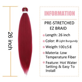YeahPerfect Light Burgundy Red Braiding Hair Pre Stretched Easy Braids 26 Inch 3 Packs Hot Water Setting Professional Yaki Synthetic Hair for Box Braids (3Pcs,Light Burgundy)