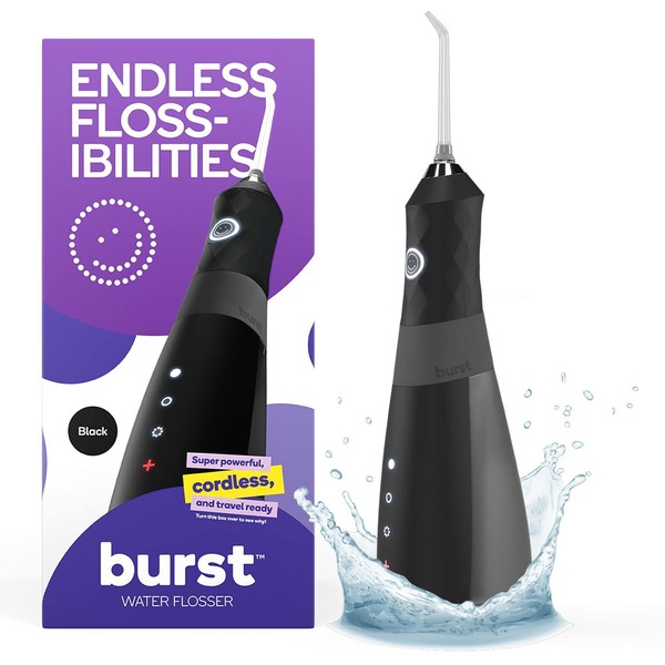 BURST Water Flosser for Teeth Cleaning – Cordless Water Flosser Picks for Plaque Removal Between Teeth, Braces & Dental Work – Electric & Portable Water Floss – Refillable 110mL Tank, 3 Modes – Black