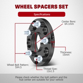 GDSMOTU Wheel Spacers, 5x4.5 for Honda for Accord for Civic for CR-V for Odyssey for Acura for CL for RDX, 15mm Wheel Adapters & Spacers with 12x1.5 Studs 64.1mm Bore 2pcs Black
