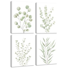 Drsoum Botanical Plant Framed Wall Art Boho Wall Decor for Bathroom Sage Green Eucalyptus Leaf Prints Minimalist Aesthetic Ready to Hang Set of 4, 8x10 in (Framed)