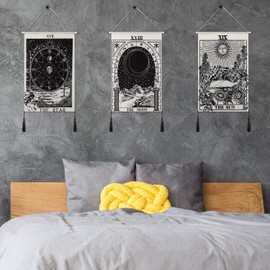 3 Pieces Tarot Card Tapestry Moon Star and Sun Tapestry Sunrise Tapestry Astronomical Theme Tapestry Mountain Tapestry Black and White Art Tapestry Wall Hanging Decoration for Home Room Wall Supplies