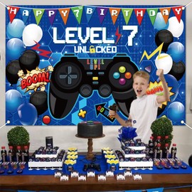 7th Video Game Backdrop, 7th Birthday Decorations for Boy Level Up 7th Video Game Birthday Decorations Gaming Background Photo Props Blue Birthday Party Supplies for Boys Birthday, 180x120 cm