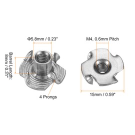 sourcing map M4x8mm T-Nuts 4 Pronged Tee Nut 304 Stainless Steel Threaded Inserts for for Wood, Rock Climbing Holds, Cabinetry, Furniture 25pcs