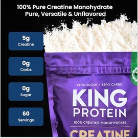 KING Protein Creatina Monohidratada 100% Pura Sin Sabor | 5g por porción | Vegana y sin azúcar | Polvo de Creatina Monohidratada Creapure® con scoop i